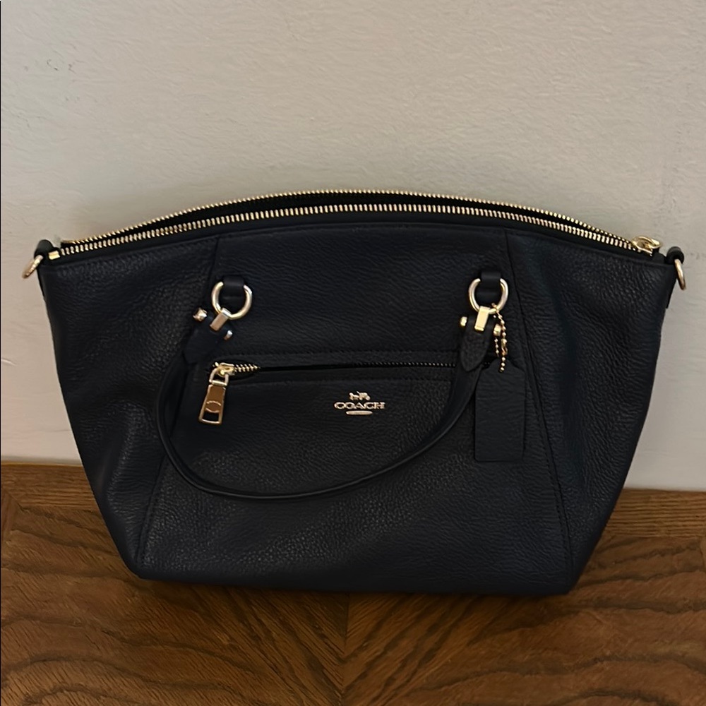 Coach navy, Prairie Satchel, Leather Bag, crossbody strap.  Cat friendly, NS